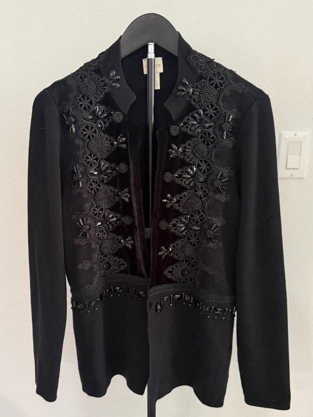 Chico’s Size 3 Black Embellished Velvet Lace Knit Cardigan Jacket